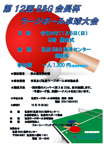 第１２回Ｂ＆Ｇ会長杯ラージボール卓球大会